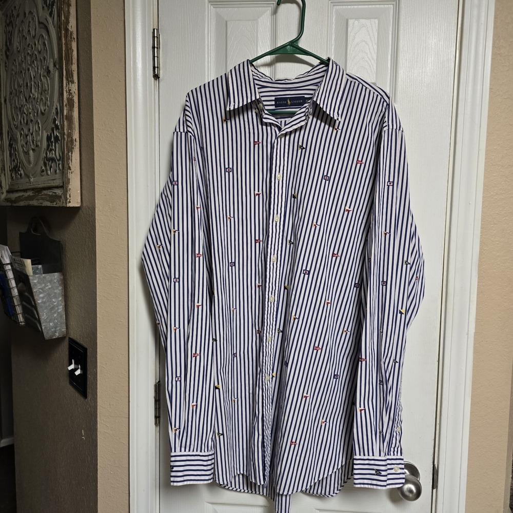Ralph Lauren Men's Striped Allover Embroidery Shirt Nautical Preppy XLT